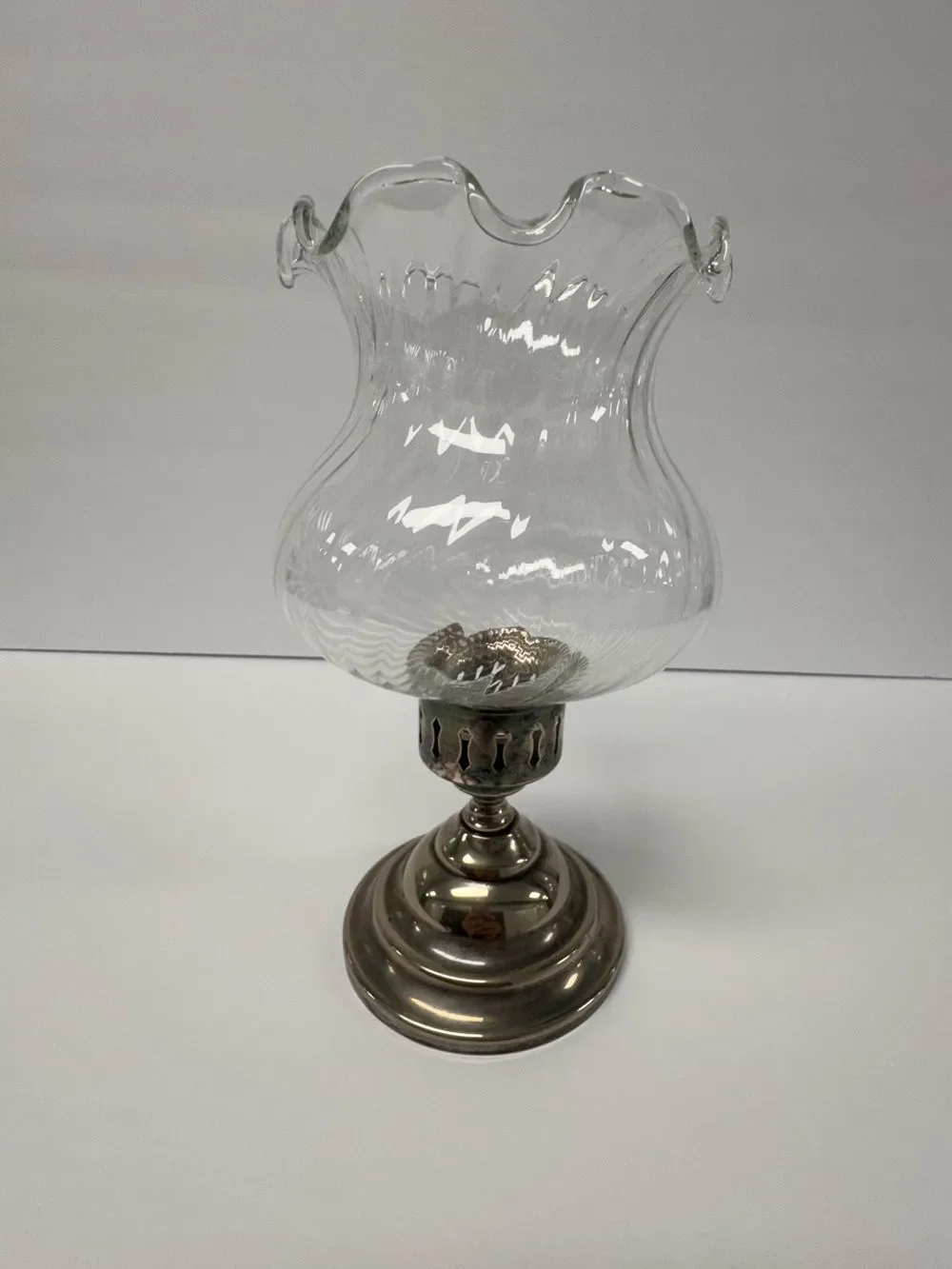 Towle Classic Clear Glass Hurricane Lamp with Silver Plated Base